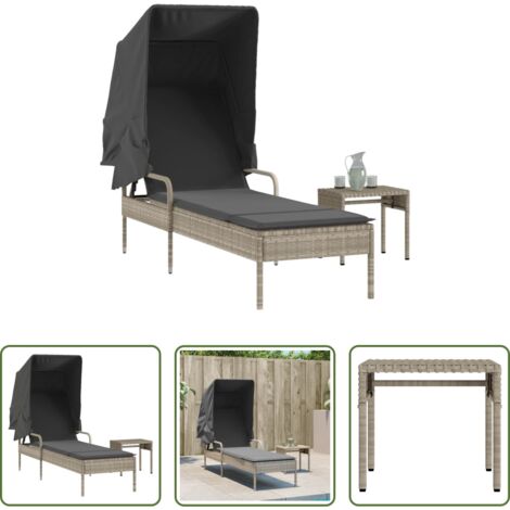 vidaXL Mesa de exterior - Tumbona con capota y mesa ratán sintético gris claro