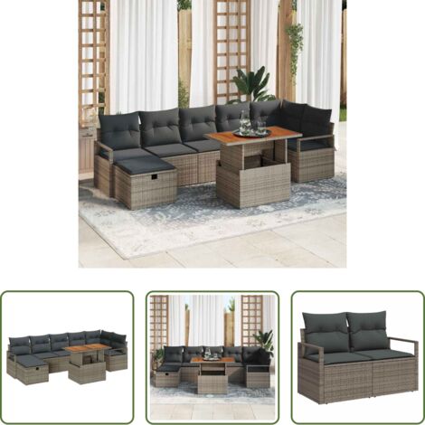 vidaXL Mesa de jardín ajustable -  Conjunto de sofás de jardín 8 pcs Gris ratán sintético