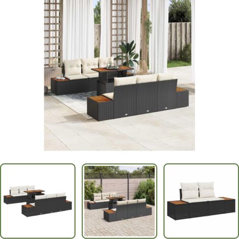 vidaXL Mesa de jardín -  Conjunto de Comedor de Jardín con cojín 7 pcs Negro y Beige