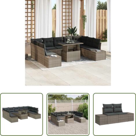 vidaXL Mesa de jardín -  Conjunto de sofá de jardín 10 pcs Gris ratán sintético