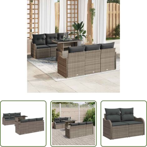vidaXL Mesa de jardín -  Conjunto de sofá de jardín con cojín 7 pcs Gris Poliratán