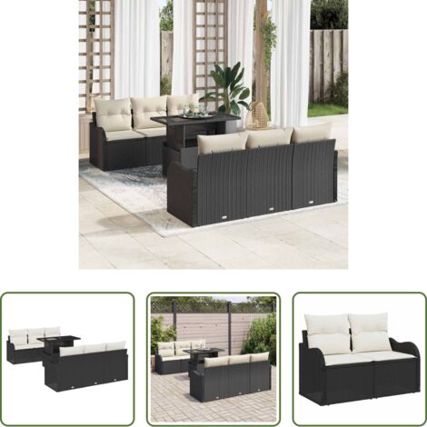 vidaXL Mesa de jardín -  Conjunto de sofá de jardín con cojín 7 pcs Negro Poliratán