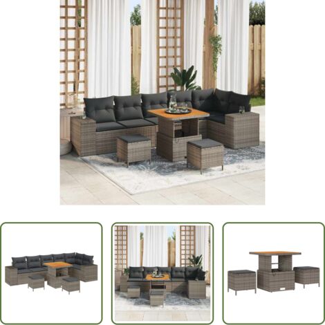 vidaXL Mesa de jardín -  Conjunto de sofá de jardín con cojín 9 pcs Gris ratán sintético