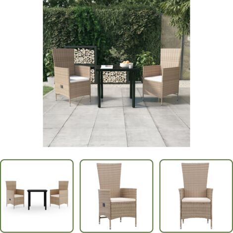 vidaXL Mesa de jardín - Juego de comedor de jardín 3 piezas con cojines beige