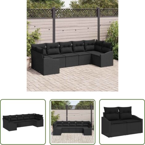 vidaXL Mesa de jardín -  Juego de Sofá con cojín 7 pcs Negro ratán sintético