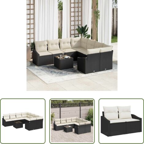 vidaXL Mesa de jardín -  Juego de Sofá con cojín 9 pcs Negro y crema ratán sintético