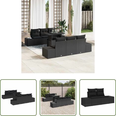 vidaXL Mesa de jardín -  Juego de Sofá con cojín Manual 7 pcs Negro ratán sintético