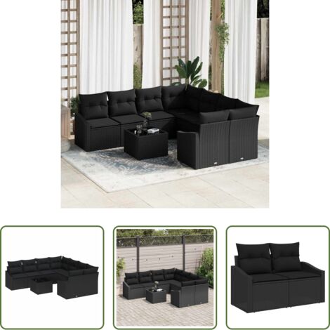 vidaXL Mesa de jardín -  Juego de Sofá con cojín Manual 9 pcs Negro ratán sintético