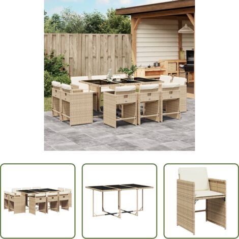 vidaXL Mesa de jardín -  Set comedor de jardín 11 pzas con cojines ratán sintético beige