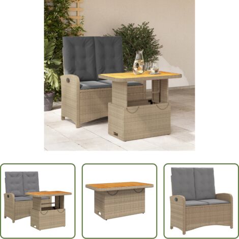 vidaXL Mesa de jardín -  Set comedor de jardín 2 pzas con cojines ratán sintético beige