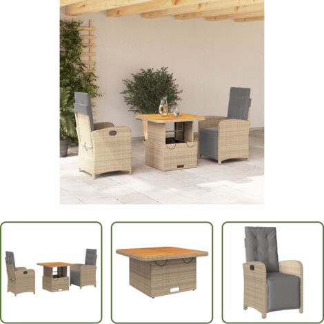 vidaXL Mesa de jardín -  Set comedor de jardín 3 pzas con cojines ratán sintético beige