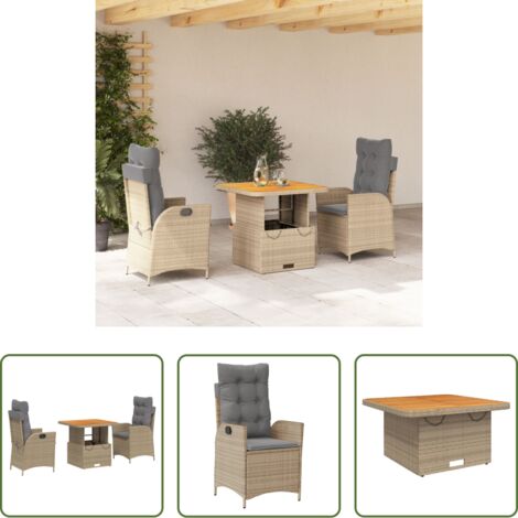 vidaXL Mesa de jardín -  Set comedor de jardín 3 pzas con cojines ratán sintético beige