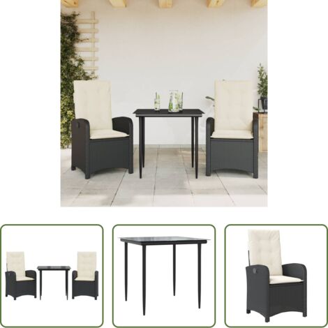 vidaXL Mesa de jardín -  Set comedor de jardín 3 pzas con cojines ratán sintético negro