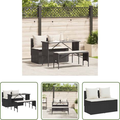 vidaXL Mesa de jardín -  Set comedor de jardín 3 pzas con cojines ratán sintético negro