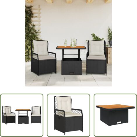 vidaXL Mesa de jardín -  Set comedor de jardín 3 pzas con cojines ratán sintético negro