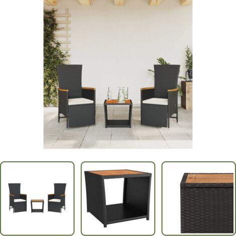 vidaXL Mesa de jardín -  Set comedor de jardín 3 pzas con cojines ratán sintético negro