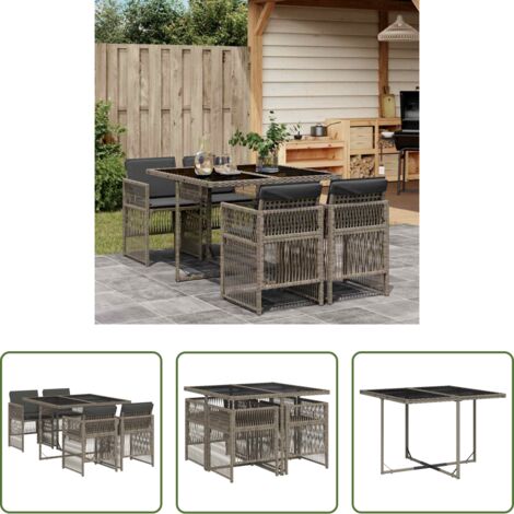 vidaXL Mesa de jardín -  Set comedor de jardín 5 piezas con cojines ratán sintético gris