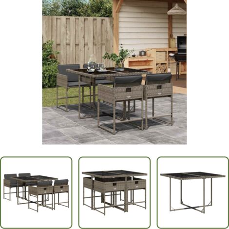 vidaXL Mesa de jardín -  Set comedor de jardín 5 piezas con cojines ratán sintético gris