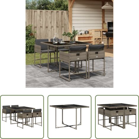 vidaXL Mesa de jardín -  Set comedor de jardín 5 piezas con cojines ratán sintético gris