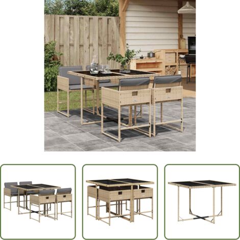 vidaXL Mesa de jardín -  Set comedor de jardín 5 pzas con cojines ratán sintético beige
