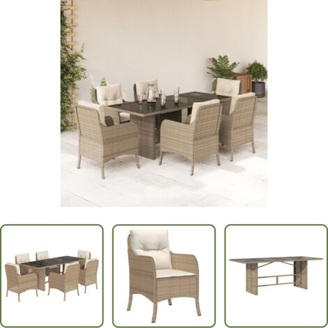 vidaXL Mesa de jardín -  Set comedor de jardín 7 pzas con cojines ratán sintético beige