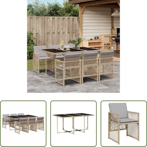 vidaXL Mesa de jardín -  Set comedor de jardín 7 pzas con cojines ratán sintético beige