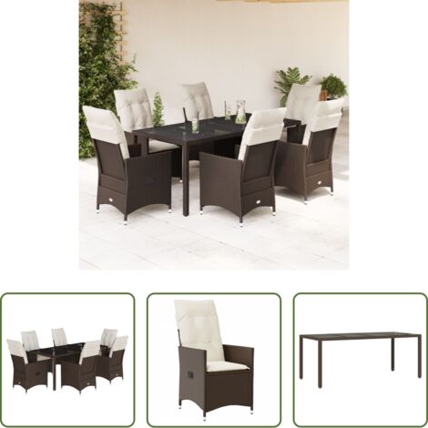 vidaXL Mesa de jardín -  Set comedor de jardín 7 pzas con cojines ratán sintético marrón