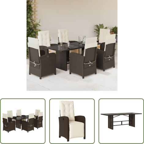 vidaXL Mesa de jardín -  Set comedor de jardín 7 pzas con cojines ratán sintético marrón