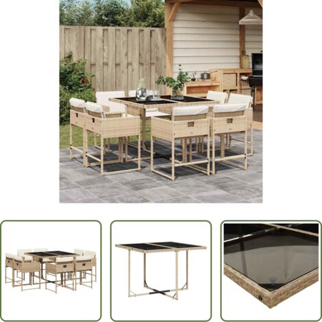 vidaXL Mesa de jardín -  Set comedor de jardín 9 pzas con cojines ratán sintético beige