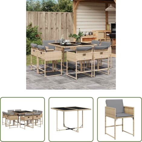 vidaXL Mesa de jardín -  Set comedor de jardín 9 pzas con cojines ratán sintético beige