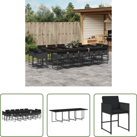 vidaXL Mesa de jardín -  Set comedor de jardín con cojines 15 pzas ratán sintético negro