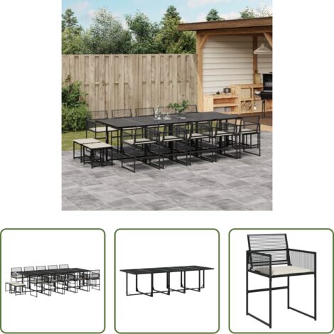 vidaXL Mesa de jardín -  Set comedor de jardín con cojines 15 pzas ratán sintético negro