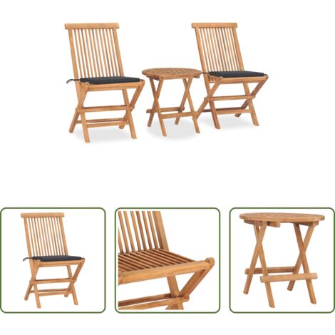 vidaXL Mesa de jardín -  Set comedor de jardín plegable 3 piezas madera de teca cojines