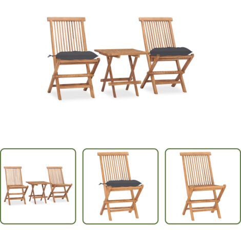 vidaXL Mesa de jardín -  Set comedor de jardín plegable 3 piezas madera de teca cojines