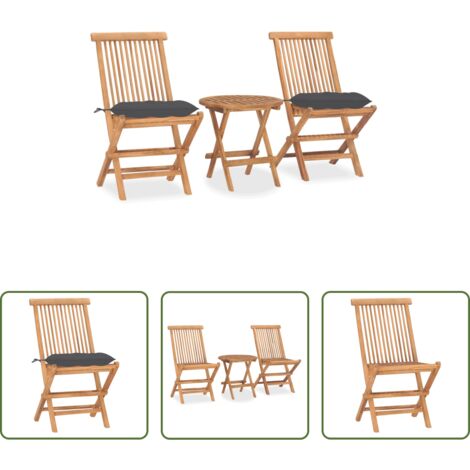 vidaXL Mesa de jardín -  Set comedor de jardín plegable 3 piezas madera de teca cojines