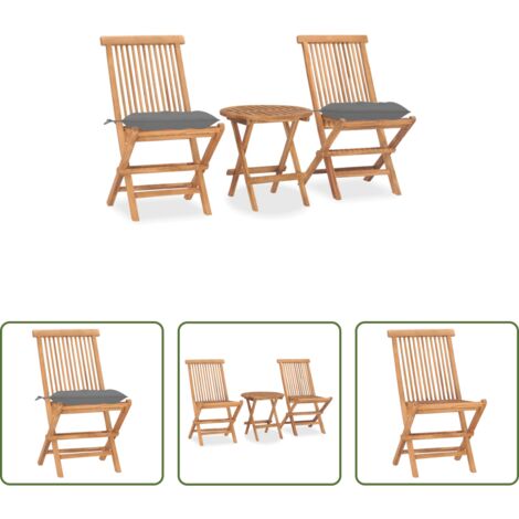 vidaXL Mesa de jardín -  Set comedor de jardín plegable 3 piezas madera de teca cojines