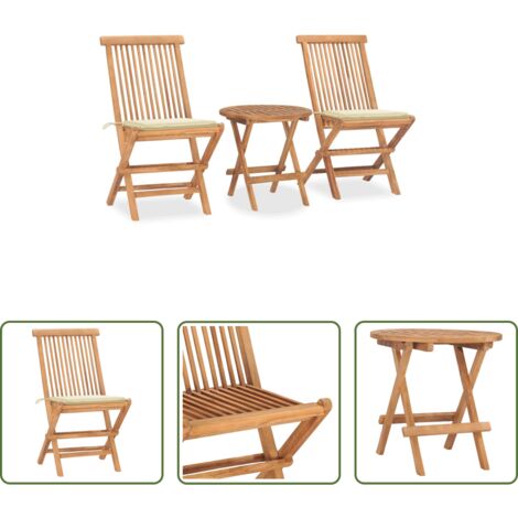 vidaXL Mesa de jardín -  Set comedor de jardín plegable 3 piezas madera de teca cojines