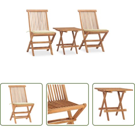 vidaXL Mesa de jardín -  Set comedor de jardín plegable 3 piezas madera de teca cojines