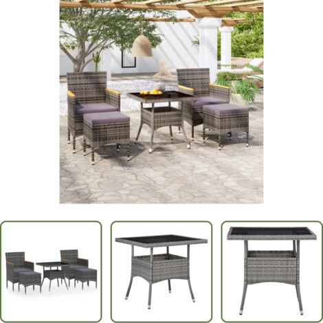 vidaXL Mesa de jardín - Set comedor jardín 5 pzas ratán sintético vidrio templado gris