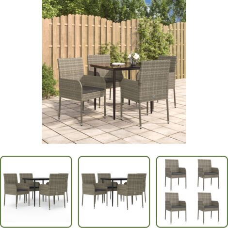 vidaXL Mesa de jardín -  Set comedor jardín 5 pzas y cojines ratán sintético negro gris
