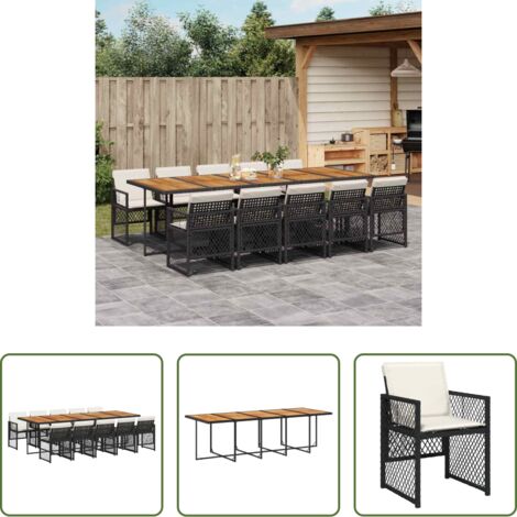 vidaXL Mesa de jardín -  Set de comedor jardín 11 pzas con cojines ratán sintético negro