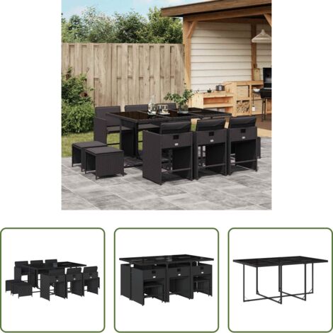 vidaXL Mesa de jardín -  Set de comedor jardín 11 pzas con cojines ratán sintético negro