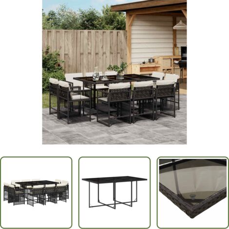 vidaXL Mesa de jardín -  Set de comedor jardín 11 pzas con cojines ratán sintético negro