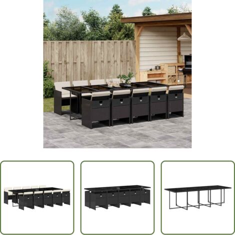vidaXL Mesa de jardín -  Set de comedor jardín 11 pzas con cojines ratán sintético negro
