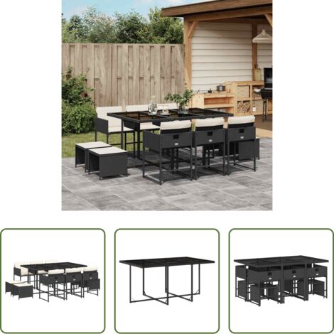 vidaXL Mesa de jardín -  Set de comedor jardín 11 pzas con cojines ratán sintético negro