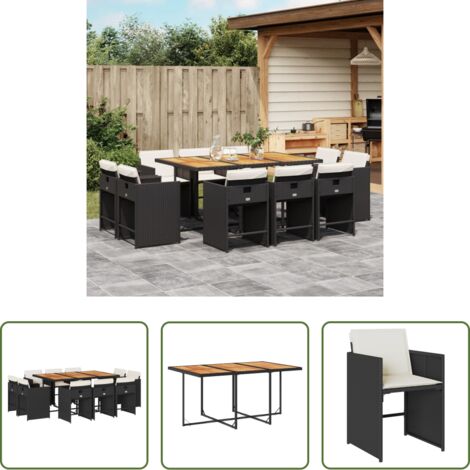 vidaXL Mesa de jardín -  Set de comedor jardín 11 pzas con cojines ratán sintético negro