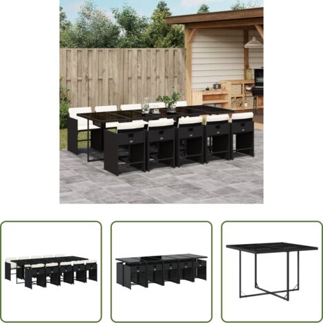 vidaXL Mesa de jardín -  Set de comedor jardín 11 pzas con cojines ratán sintético negro