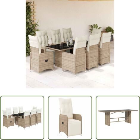 vidaXL Mesa de jardín -  Set de mesa y sillas jardín 9 piezas y cojines ratán PE marrón