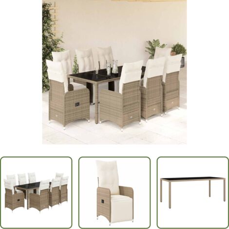 vidaXL Mesa de jardín -  Set de mesa y sillas jardín 9 piezas y cojines ratán PE marrón