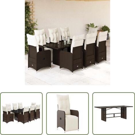 vidaXL Mesa de jardín -  Set de mesa y sillas jardín 9 piezas y cojines ratán PE marrón